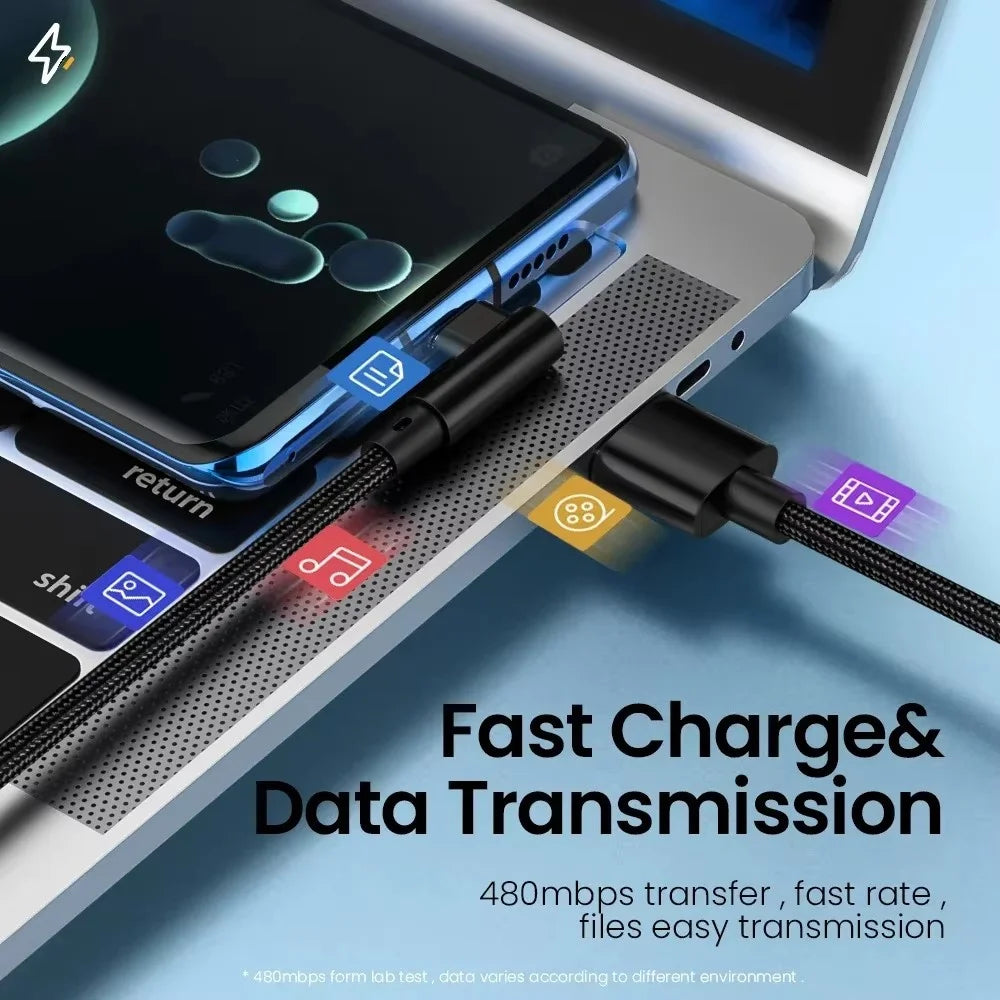 6A 66W 90 Degree Elbow USB A TO USB C Cable Fast Charging