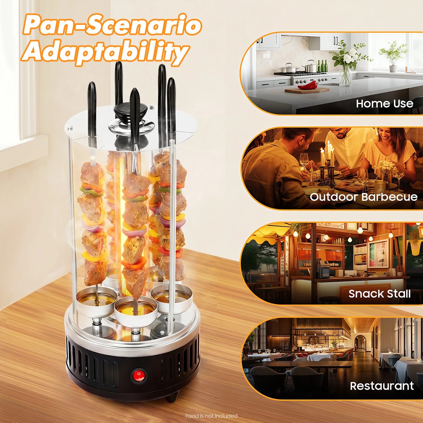 1000W Vertical Electric Grill Kebab Machine 5/6 Skewer Stainless Steel Shawarma Maker with Oil Drip Pan for BBQ Outdoor Home