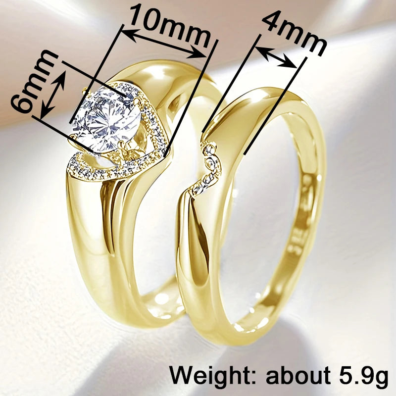Huitan Fashion 2Pcs Heart Rings Set Female Delicate Opulent Brilliant Accessory for Engagement Stylish Gorgeous Wedding Jewelry