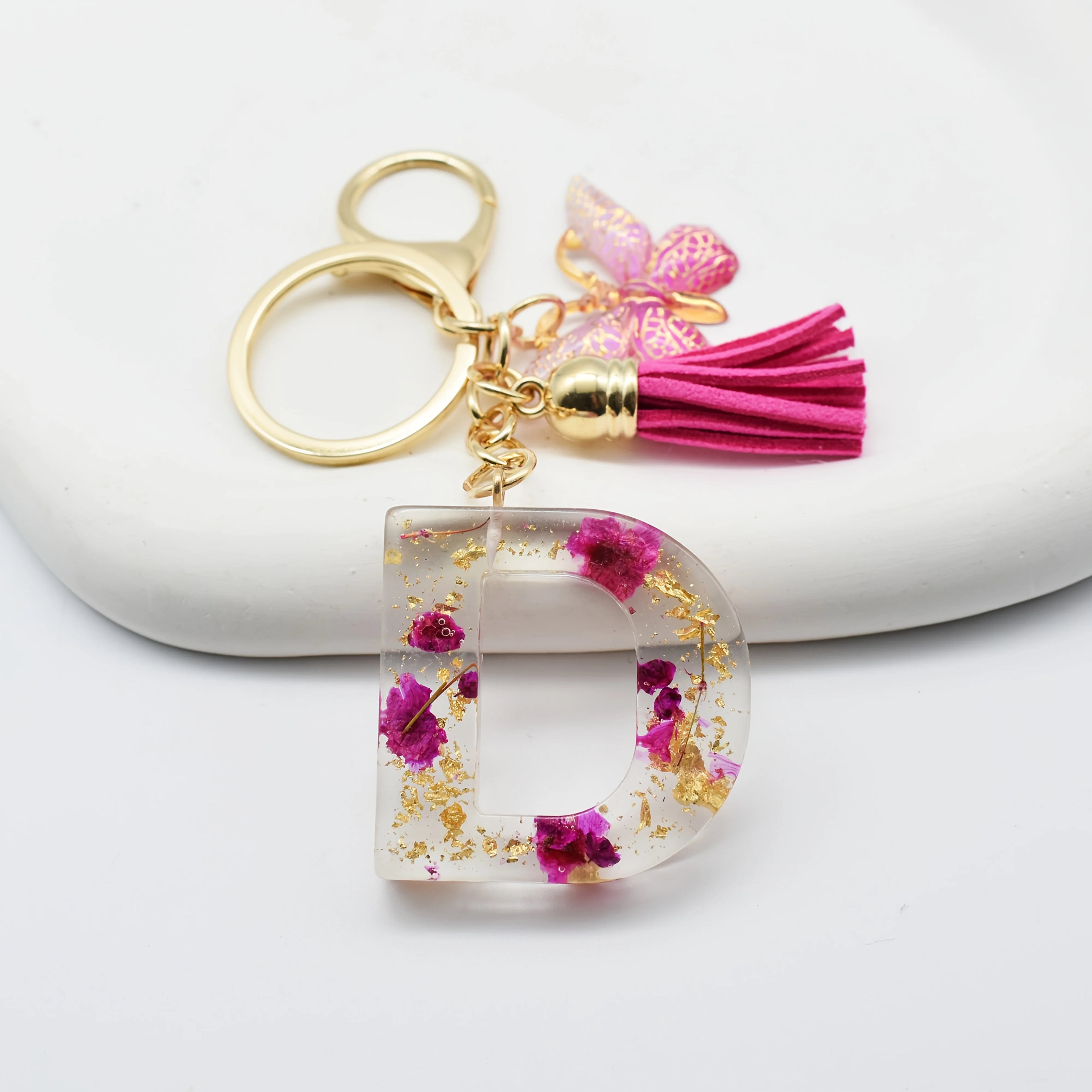 1PC Fashion Easter Alphabet Keychain - Dried Flower Resin Charm, A-Z Initial Pendant Butterfly Tassel, Non-Woven ABS Gift