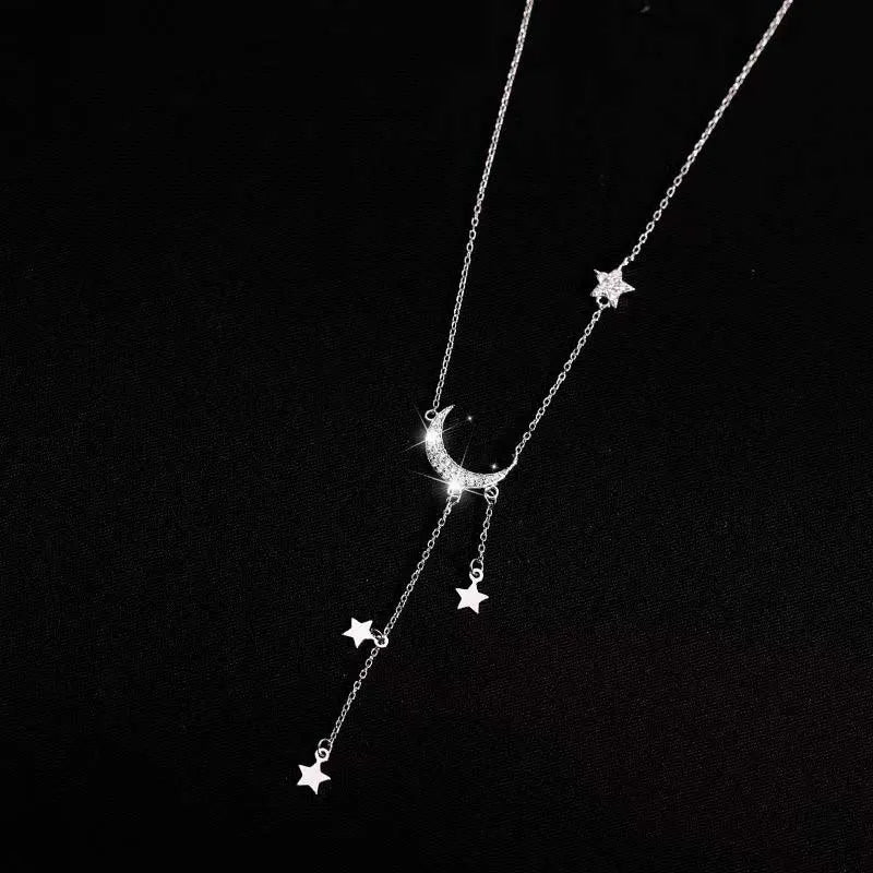 2026 Fashion Silver Color Star Moon Tassel Necklace for Women