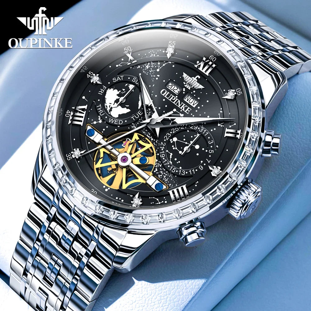 OUPINKE 3255 Men Watch Luxury Brand Swiss Movement Starry Sky Skeleton Waterproof