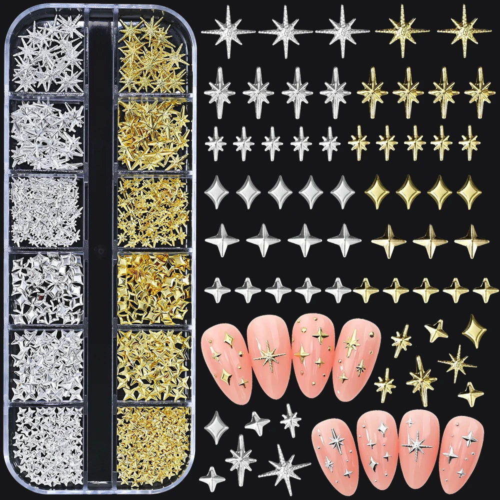 12Grids Silver Star Moon Glitter Nail Charms Mixed Metallic Tips Slice Rivet 3D FlatBack Gold Silver Star DIY Alloy Nail Studs_-