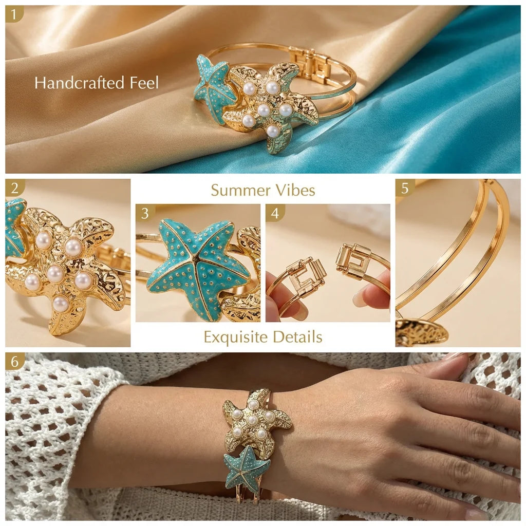 Design Sense Colorful Starfish Open Bangle for Women Elegant Imitation Pearls Starfish Cuff Bracelet Summer Ocean Jewelry