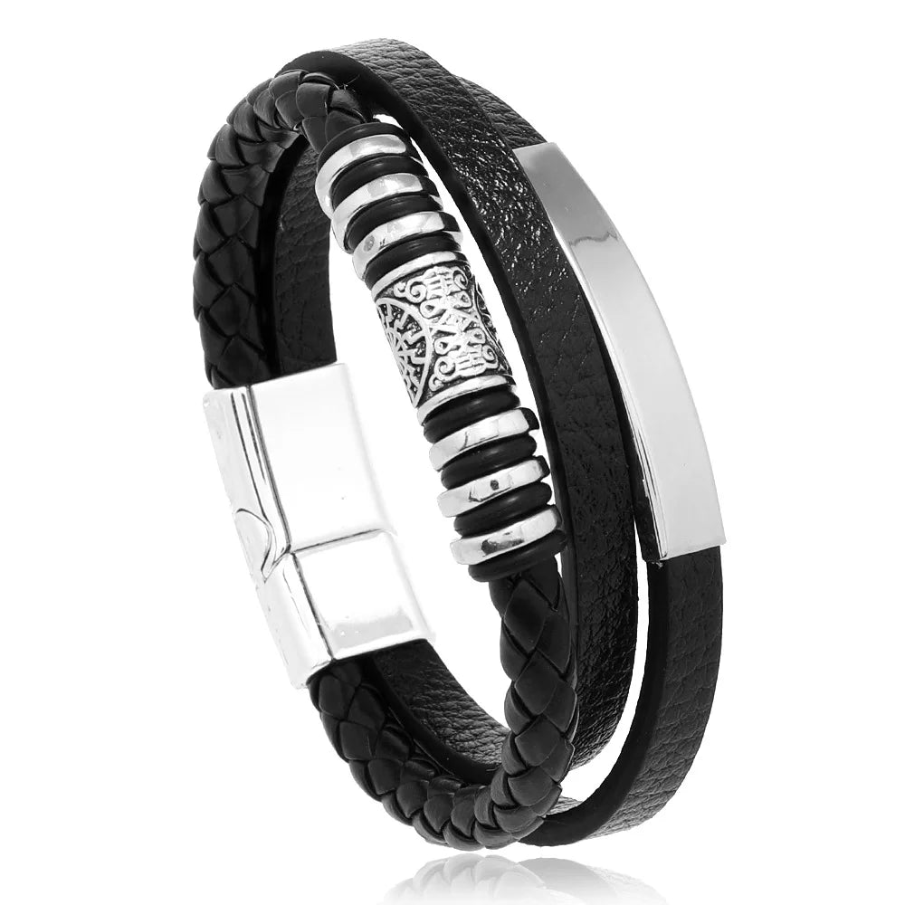 Trendy Leather Bracelets For Men Stainless Steel Bracelet 21CM Multilayer