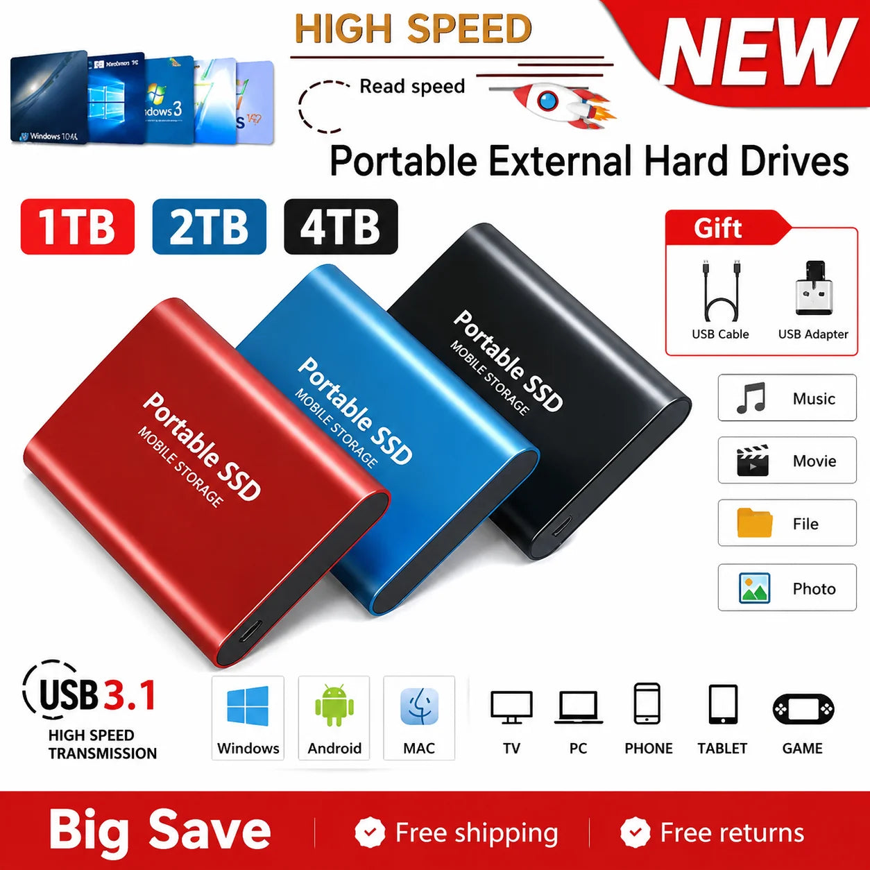 1TB Portable SSD 2TB External Hard Drive USB 3.1 High Speed Mobile Data Storage
