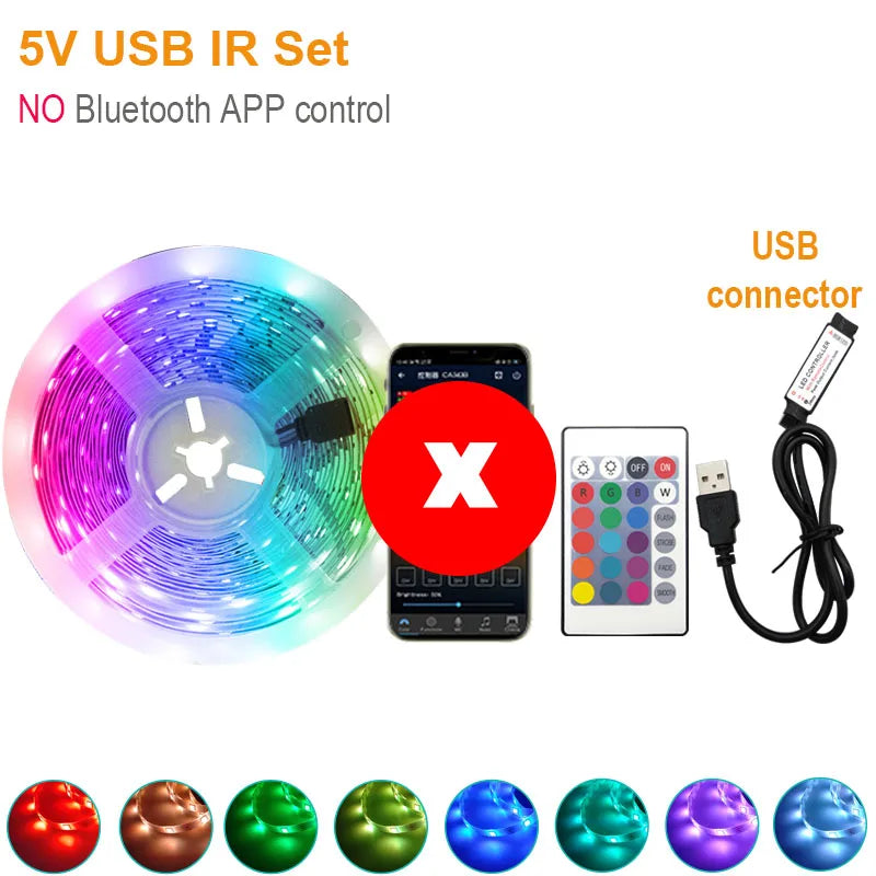 5V/24V RGB LED Strip Lights Bluetooth APP Controls Music SYNC TV Backlight Atmosphere Light Strip 5-30M Lamp Tape for Room Decor