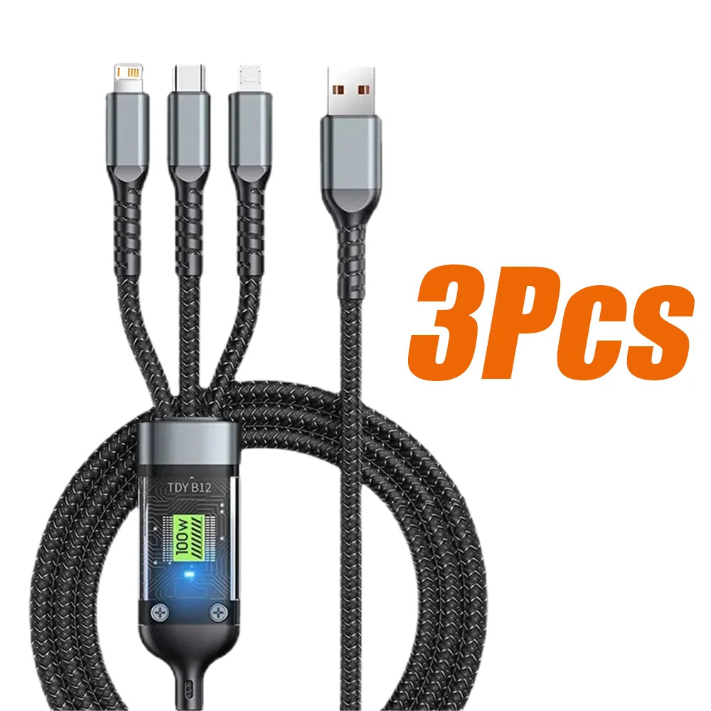 3 In 1 USB 100W Fast Charging Cable With Type-C