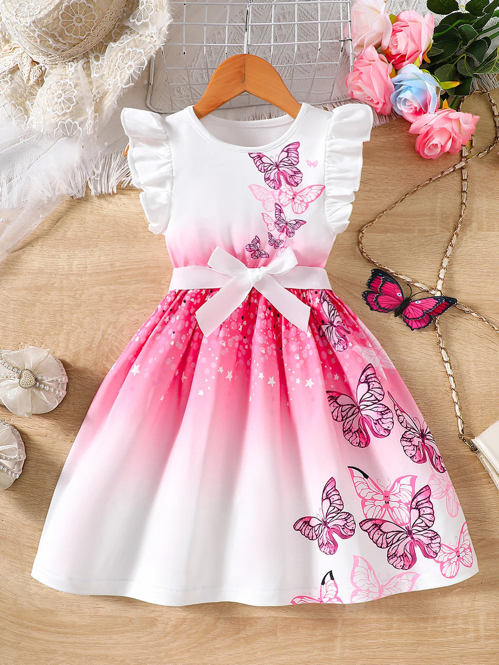 Girls' Spring and Summer Knitted Casual Fashion Round Neck Flutter Sleeve Ruffle Dress with Butterfly Digital Print, Suitable for Holidays, Vacations, Beach, Parties, Gifts