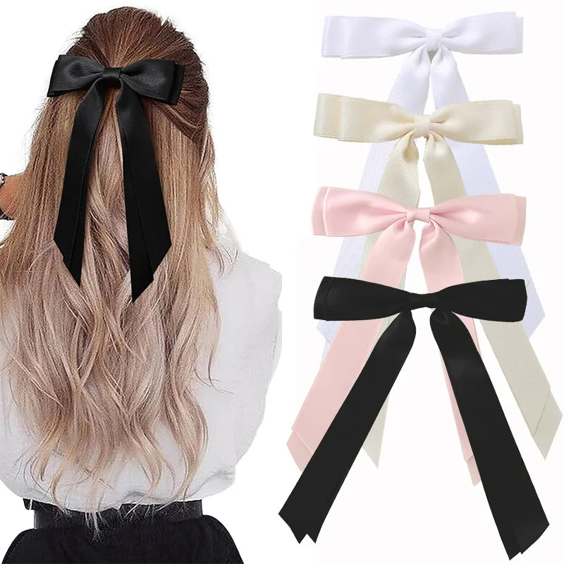 2/4Pcs Women Fashion Bilayer Bow Hair Clips, Soft Long-Tailed Bow Hairpins