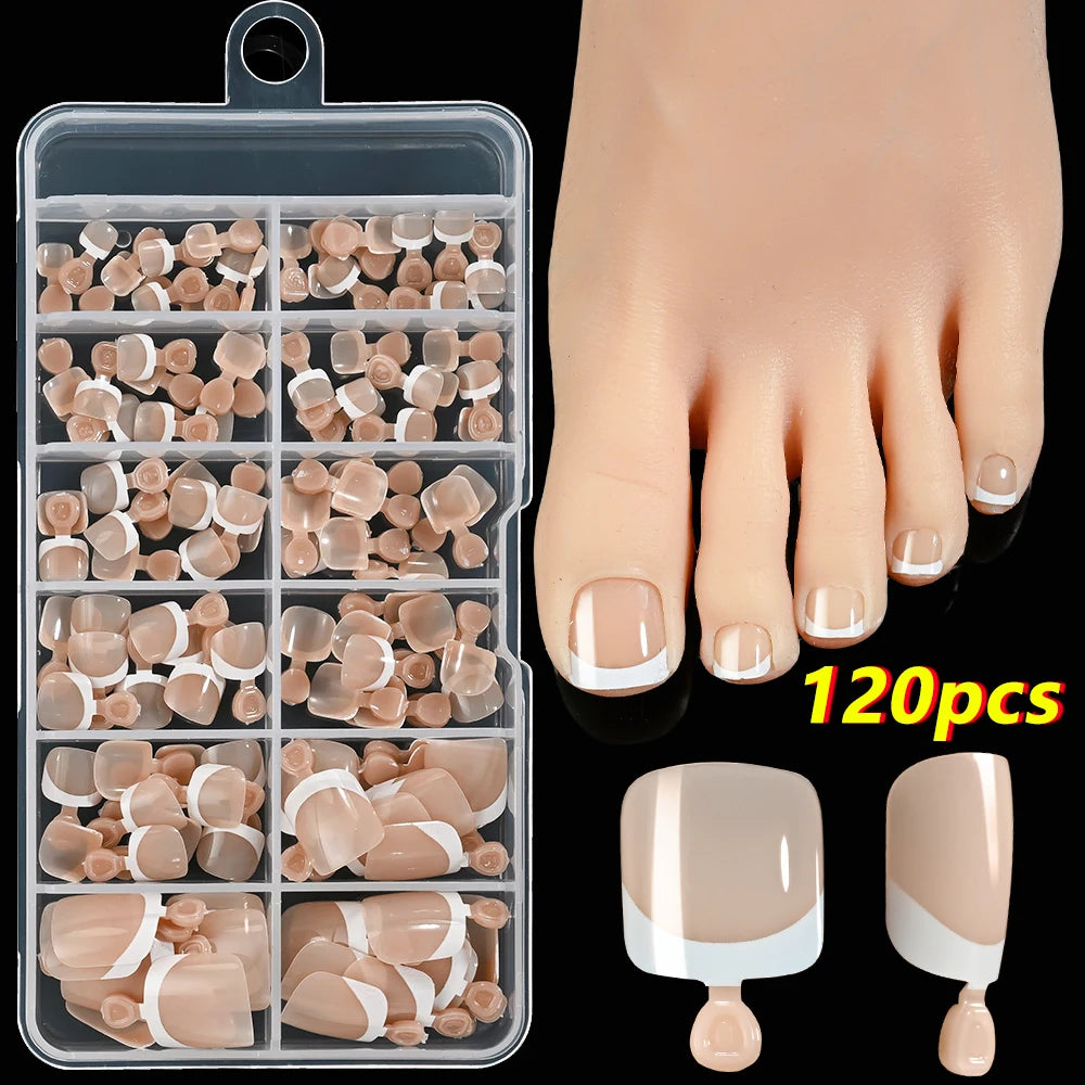 120pcs/Box French Tip Press-On Toenails Pink Color System Square Shape Foot Nails Short Length Glossy Finish False Toe Nails Set