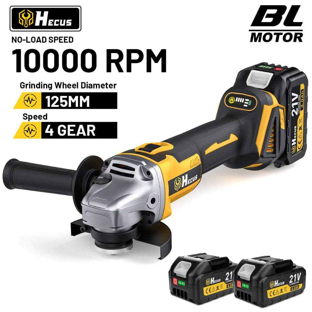 Hecus 125MM Brushless Electric Angle Grinder M14 Cordless 4 Speed Polishing Cutting Woodworking
