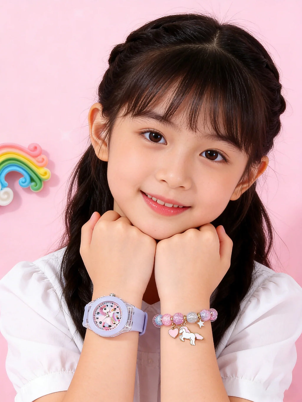 Fashionable Silicone Glow Watch And Beaded Bracelet Set with Unicorn Design for Daily And Birthday Gifts (No Box Included)