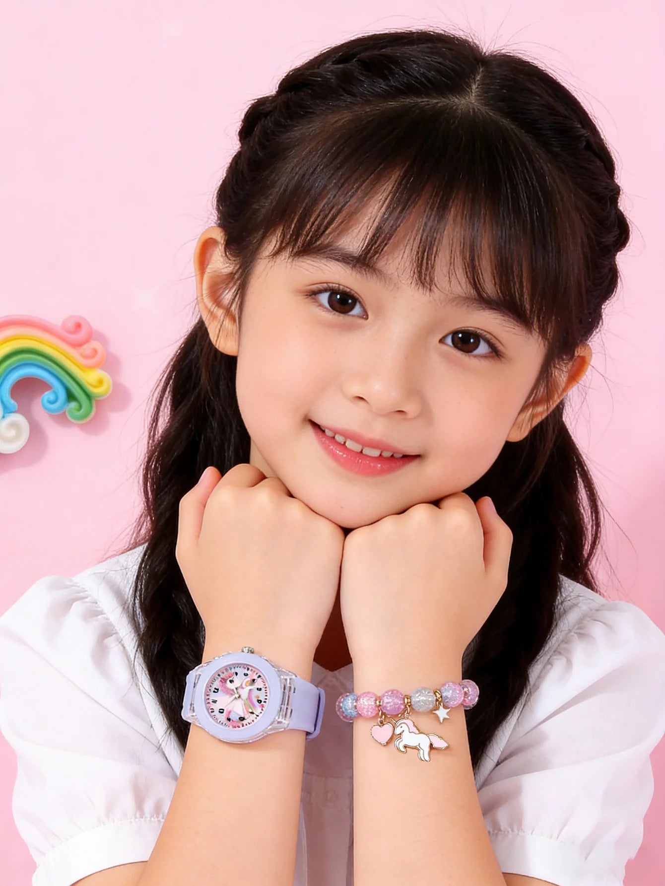 Fashionable Silicone Glow Watch And Beaded Bracelet Set with Unicorn Design for Daily And Birthday Gifts (No Box Included)