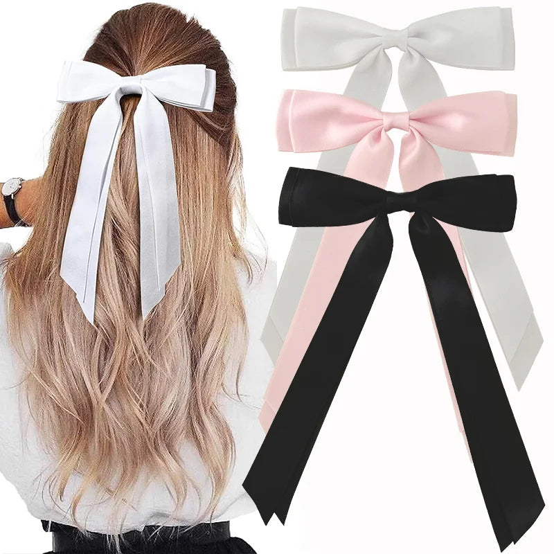 2/4Pcs Women Fashion Bilayer Bow Hair Clips, Soft Long-Tailed Bow Hairpins