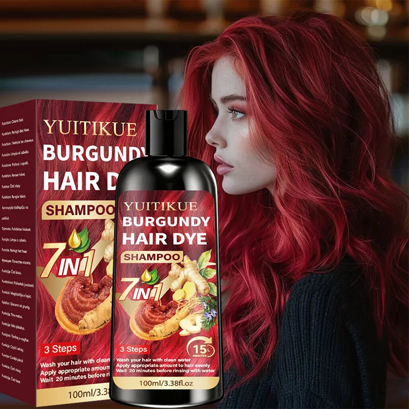 100ml YUITIKUE Burgundy Hair Color Shampoo 7 In 1 Plant Infused Cover Gray Hair Simple Home Hair Coloring Daily Use