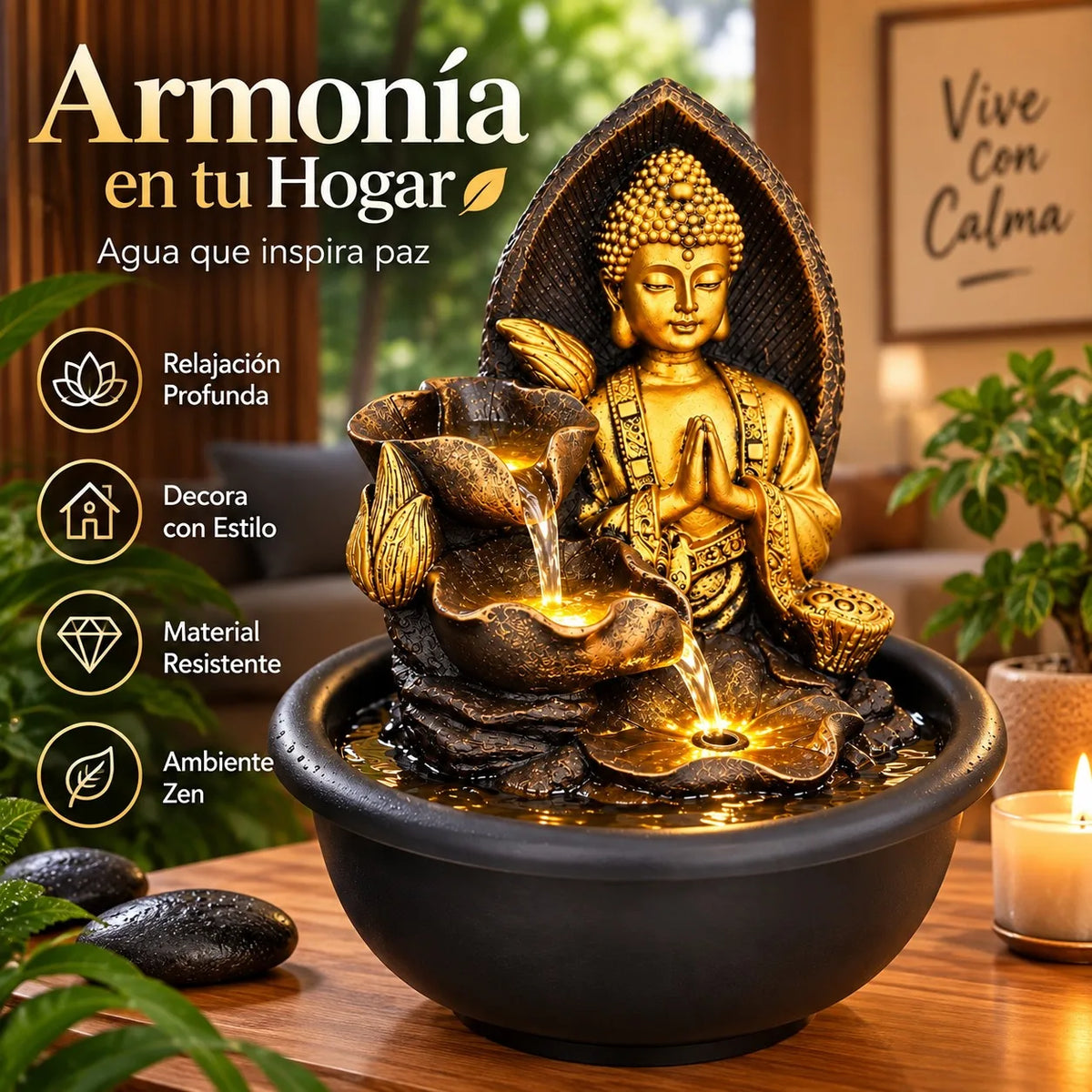 Decorative Buddha Water Fountain with LED Lighting for Indoor and Outdoor Use