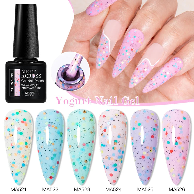 MEET ACROSS 7ml Yogurt Gel Nail Polish Cake Candy Color Sequins