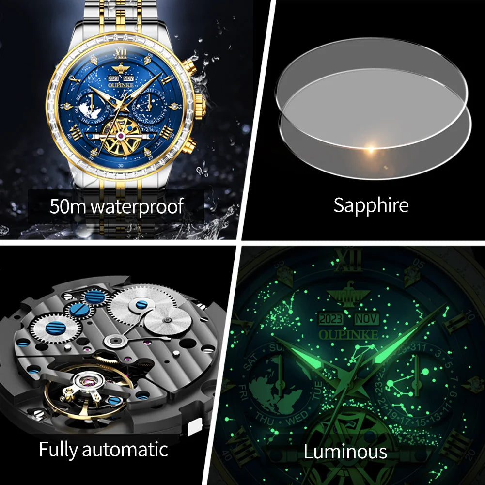 OUPINKE 3255 Men Watch Luxury Brand Swiss Movement Starry Sky Skeleton Waterproof
