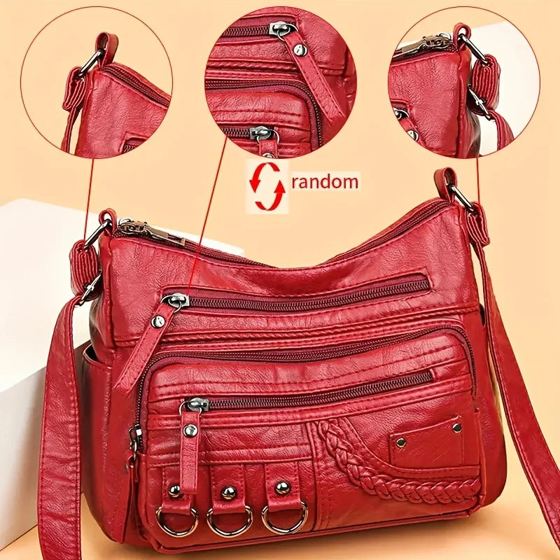 Vintage PU Crossbody Bag, Retro Multi Layer Shoulder Bag, Women's Fashion Handbag & Purse, Female Work Travel Messenger Bag
