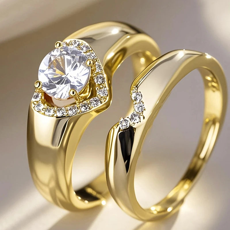 Huitan Fashion 2Pcs Heart Rings Set Female Delicate Opulent Brilliant Accessory for Engagement Stylish Gorgeous Wedding Jewelry