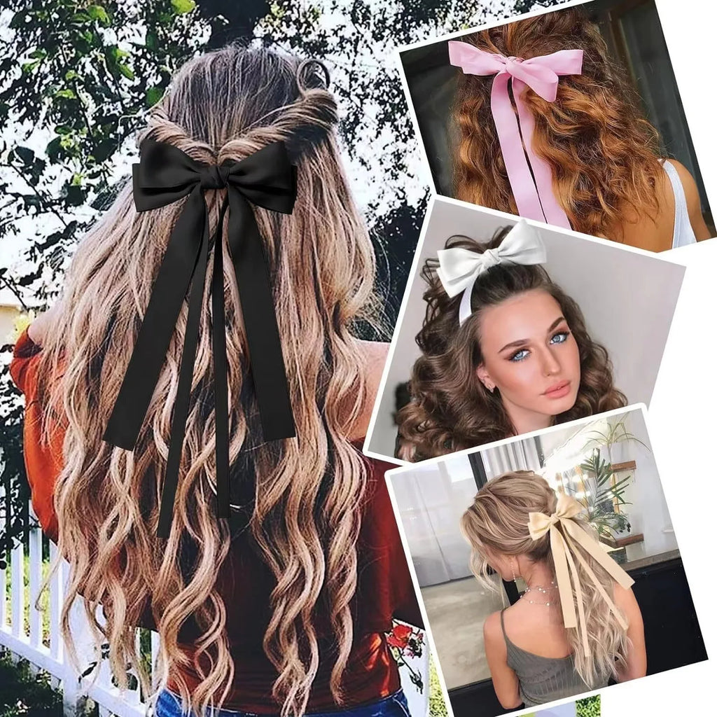 Solid Double Bowknots Hair Clips Women Long Ribbon Bow