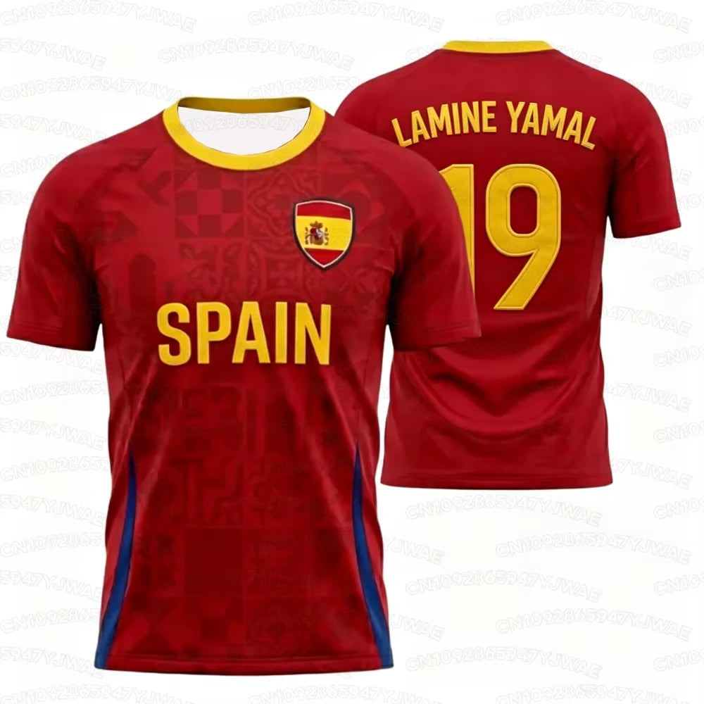2026 Spain Flag Print Men's Women's NO.19 LAMINE YAMAL Short Sleeve 3D Print Tees Outdoor Kid Soccer Jersey Parent-child T-shirt