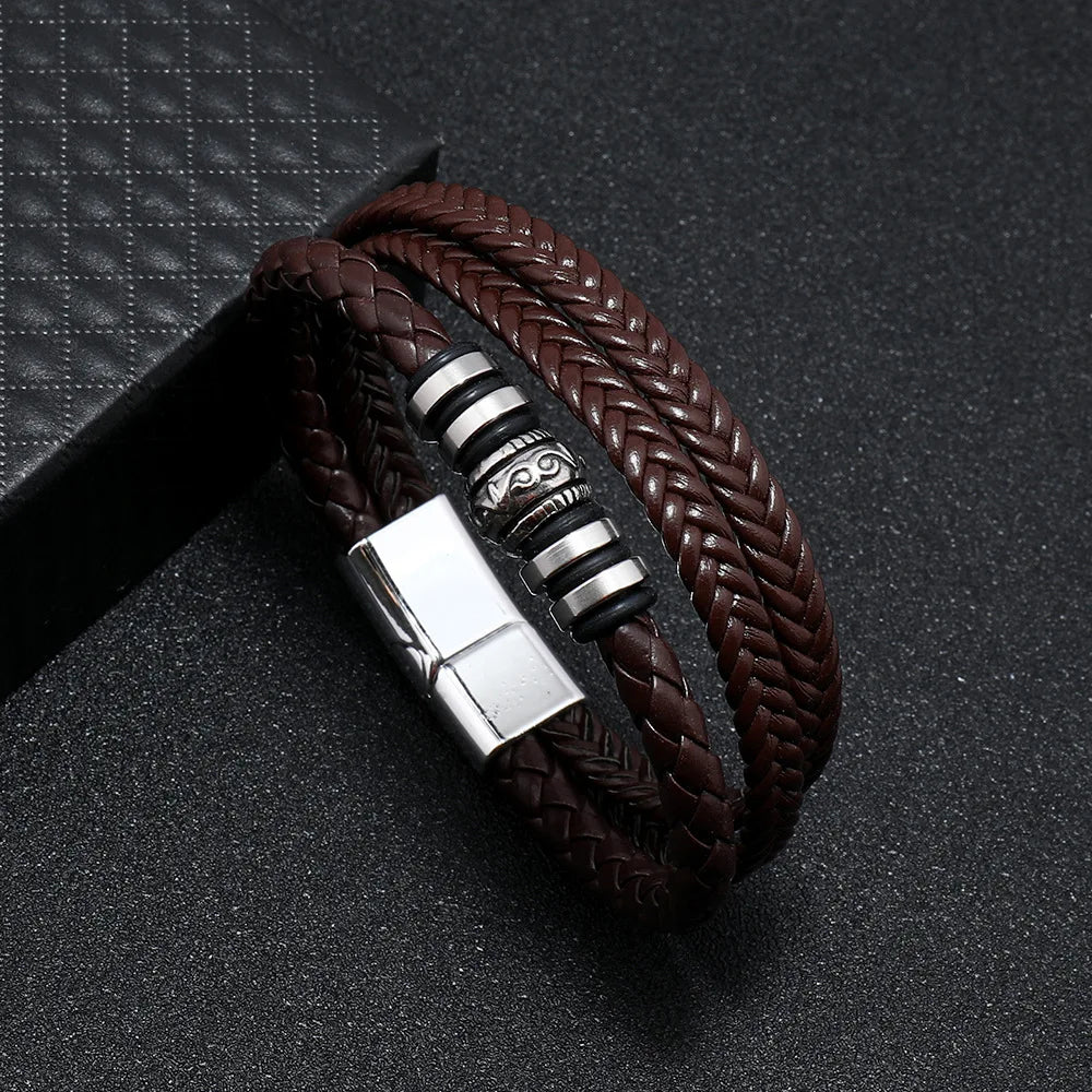 Trendy Leather Bracelets For Men Stainless Steel Bracelet 21CM Multilayer