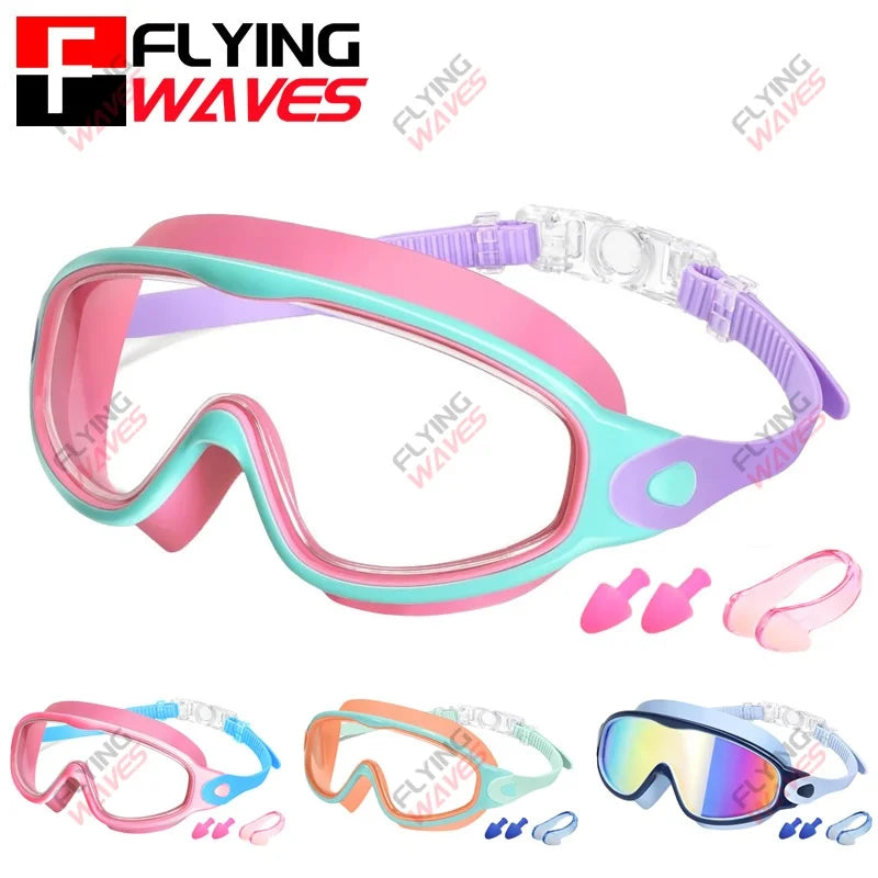 Colorful Kids Swim Goggles Wide Vision Anti-UV Anti-Fog