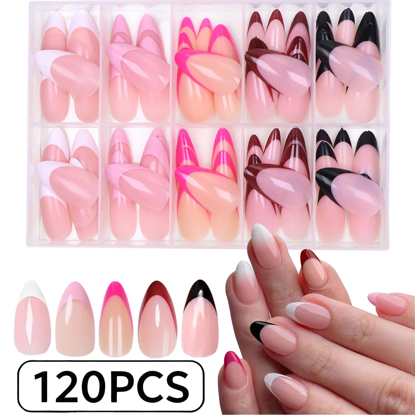 120pcs Pressed French Edge Almond False Nail Acrylic Reusable False Finger Acrylic False Nail Date And Daily Wear