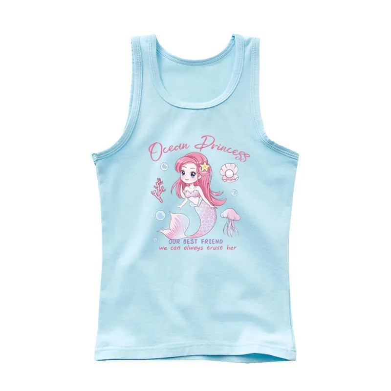 Girls Kawaii Ocean Princess Tanks Kids Sleeveless O-Neck Summer T-Shirt New Catoon Vest Top for Toddler Kids