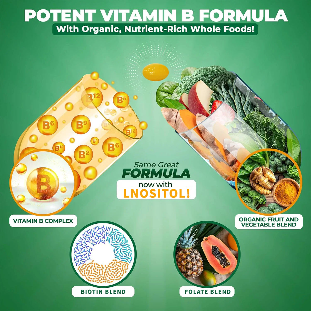 Vitamin B Complex for Energy, Brain & Heart Support - with B1, B2, B3, B5, B6, B12 with Vitamin C, Choline, Inositol