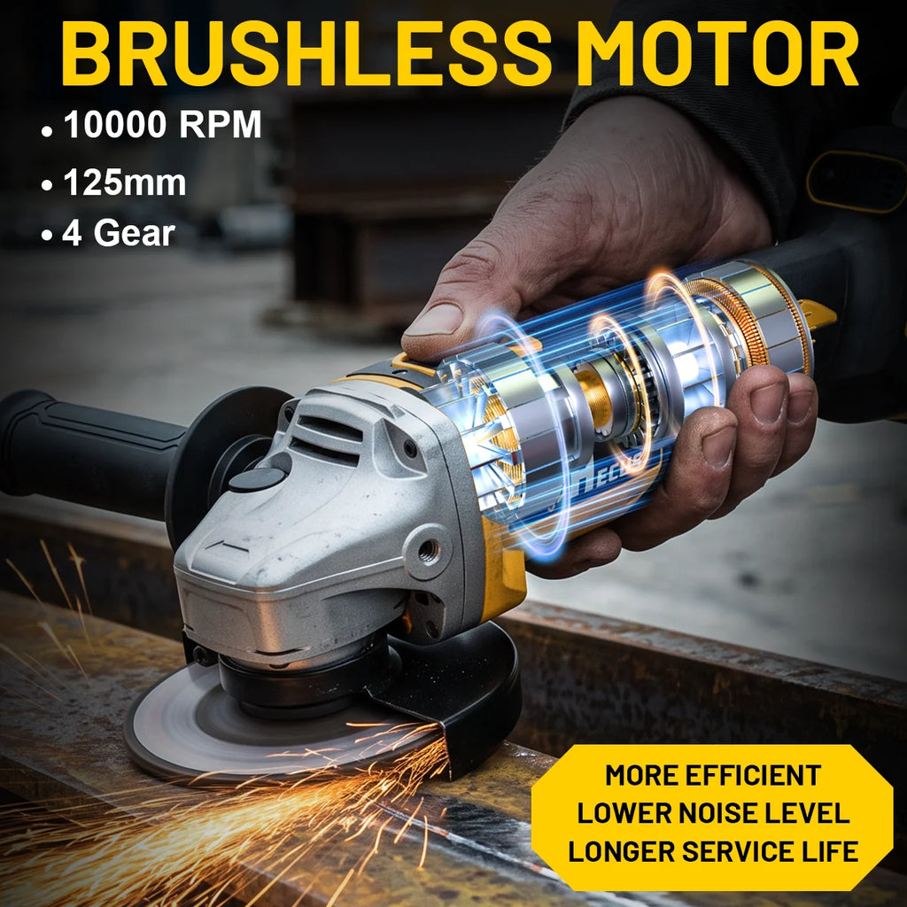 Hecus 125MM Brushless Electric Angle Grinder M14 Cordless 4 Speed Polishing Cutting Woodworking