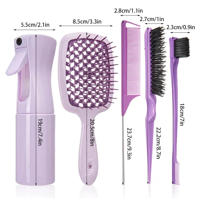 5pcs Hair Tool Set Air Cushion Hollow Comb Scalp Massage Rat Tail Comb Teasing Comb Edge Control Brush Hair Spray Bottle Salon