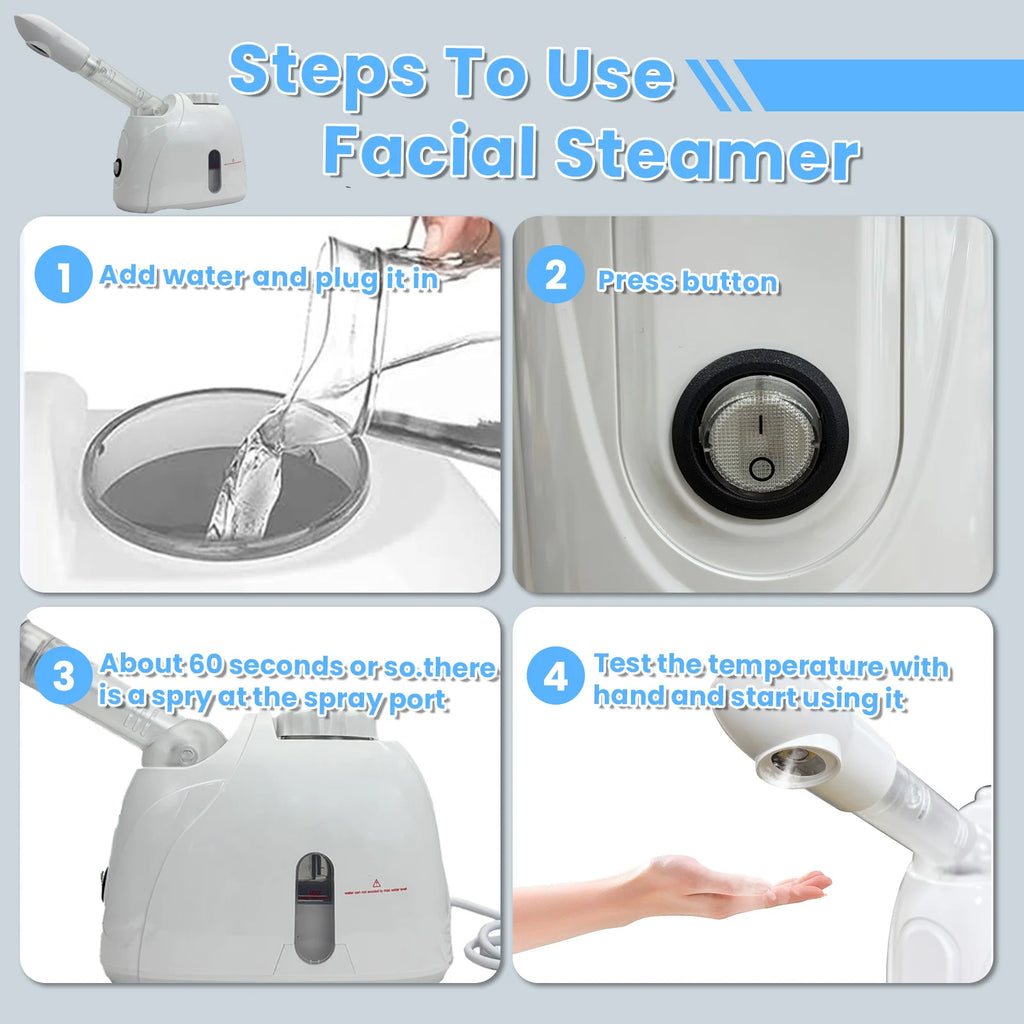 360° Rotatable Warm Mist Facial Steamer 100ml Water Tank Hot Steam Vaporizer Adjustable Spray Pipe Home Salon Spa Deep Pore Moisturizing Skin Care Machine