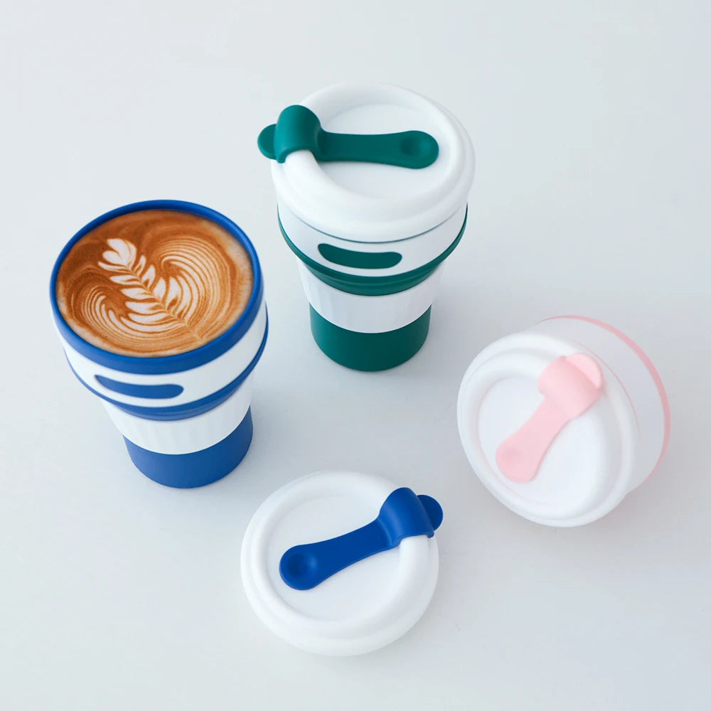 350ML Food-Grade Silicone Folding Cup Portable Travel Mug with Lid Leak Proof Collapsible Reusable for Hot Cold Drinks Outdoor