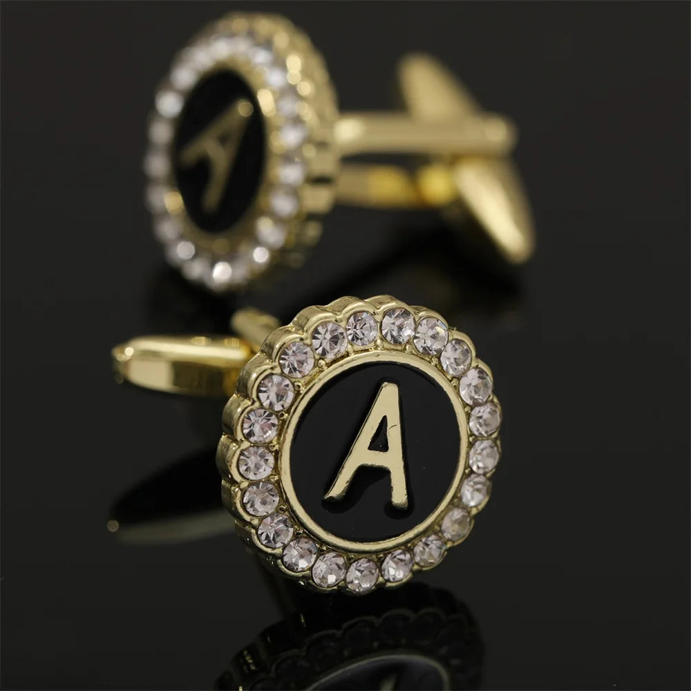 26 Initial Capital Letter A-Z Mens Cufflinks Galaxy Golden Color Gear Shape Crystal Cuff Links Formal Shirt Suit Jewelry Gift