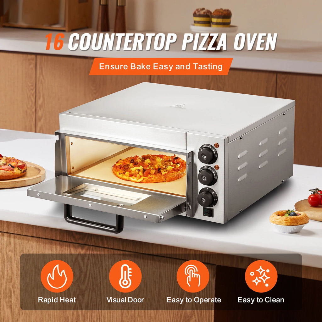 SucceBuy Commercial Pizza Oven Countertop Stainless Steel Electric Pizza Oven with Stone and Handle Indoor Pizza Maker for Home