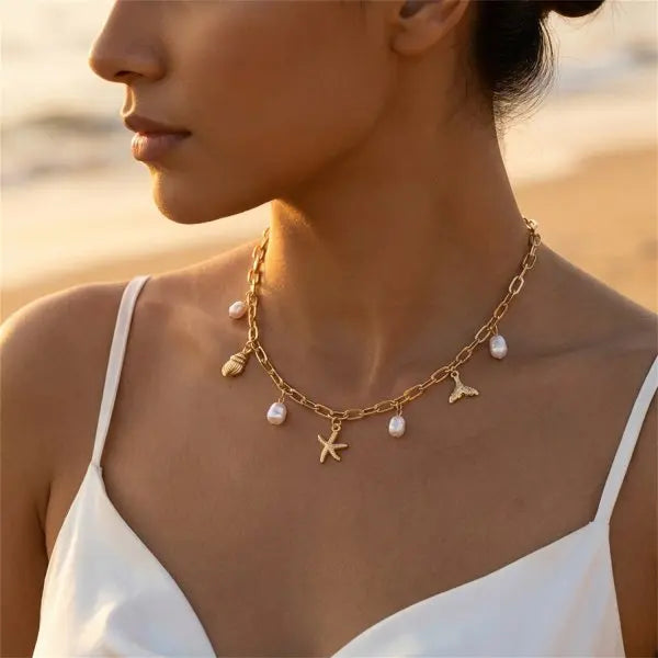Boho Starfish Scallop Conch Pendant Necklace for Women Elegant Shell Pearl Tassel Metal Chain Choker Summer Beach Party Jewelry