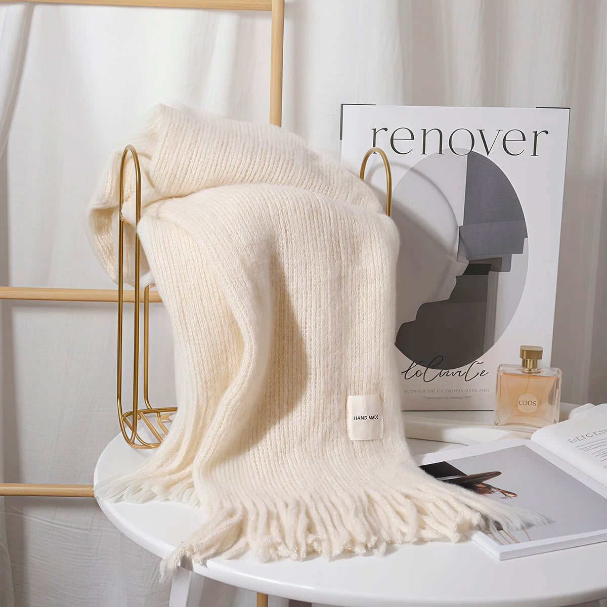 Women Solid Color Knitted Tassel Scarf