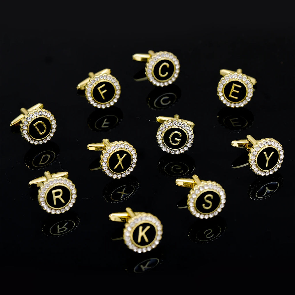 26 Initial Capital Letter A-Z Mens Cufflinks Galaxy Golden Color Gear Shape Crystal Cuff Links Formal Shirt Suit Jewelry Gift