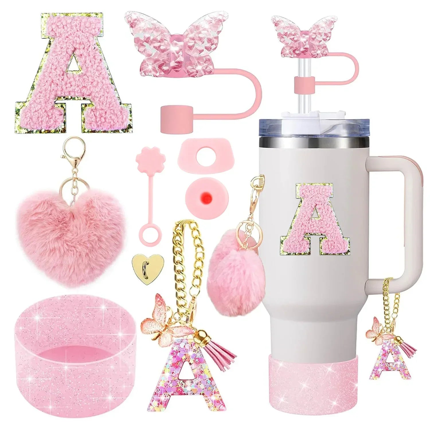 9PCS Accessory Set for Stanley Cup 30oz 40oz Butterfly Straw Cover Cap Silicone Boot Charm Initials Sticker Spill Proof Stopper