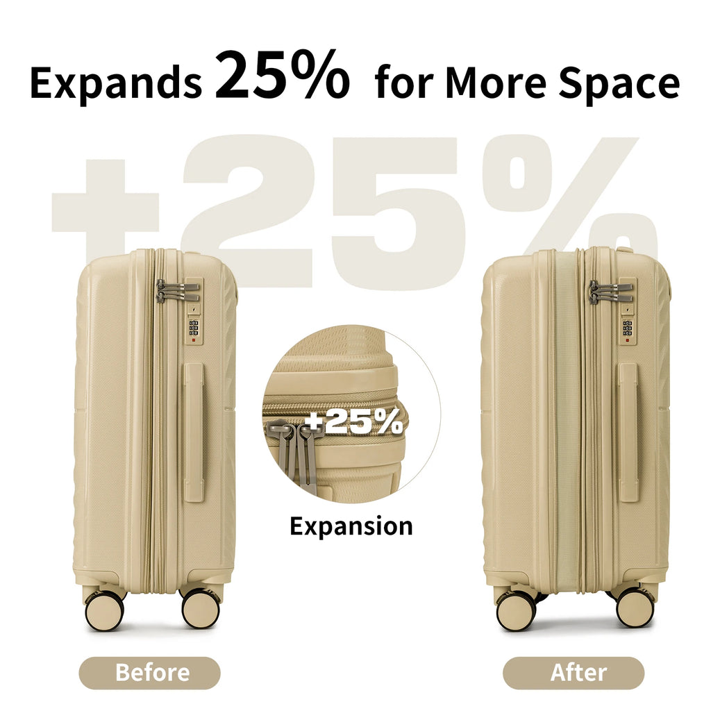 3-Piece Lightweight Expandable PP Luggage Set: 20" Carry-On Suitcase with 360° Spinner Wheels, Travel Backpack & Toiletry Bag, Champagne
