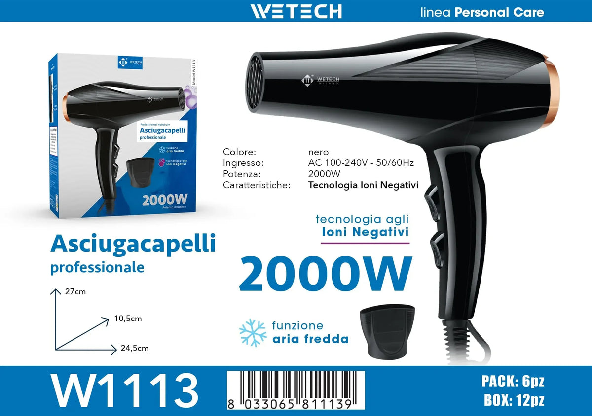WETECH 2000W Professional Hair Dryer Negative Ion Blow Dryer Cool Shot Function With Concentrator Nozzle Diffuser