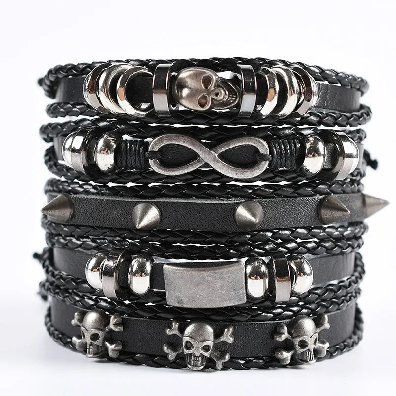 Fashion Bracelet Viking  Bracelet For Men Hand Bracelets Woven Skull Hand Jewelry Adjustable Leather Set viking man bracelet
