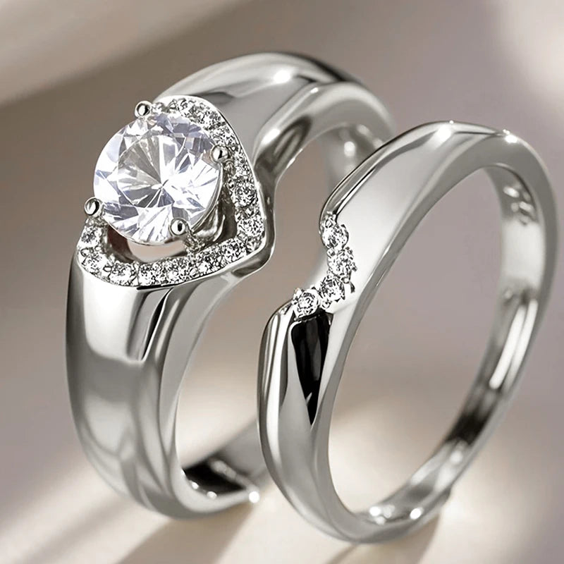 Huitan Fashion 2Pcs Heart Rings Set Female Delicate Opulent Brilliant Accessory for Engagement Stylish Gorgeous Wedding Jewelry