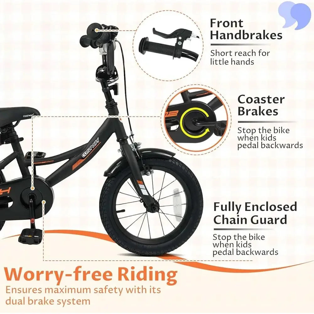14 Inch Kids' Bike with Training Wheels, Dual Brakes, Adjustable Seat