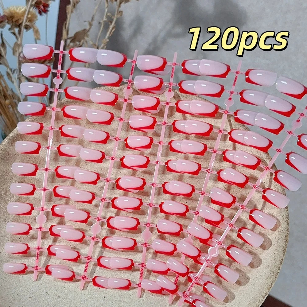 120pcs French Glossy Color Block Acrylic False Nails Spring & Summer Nude Tones Press-On Nails Full Cover Square Shape Nail Tips