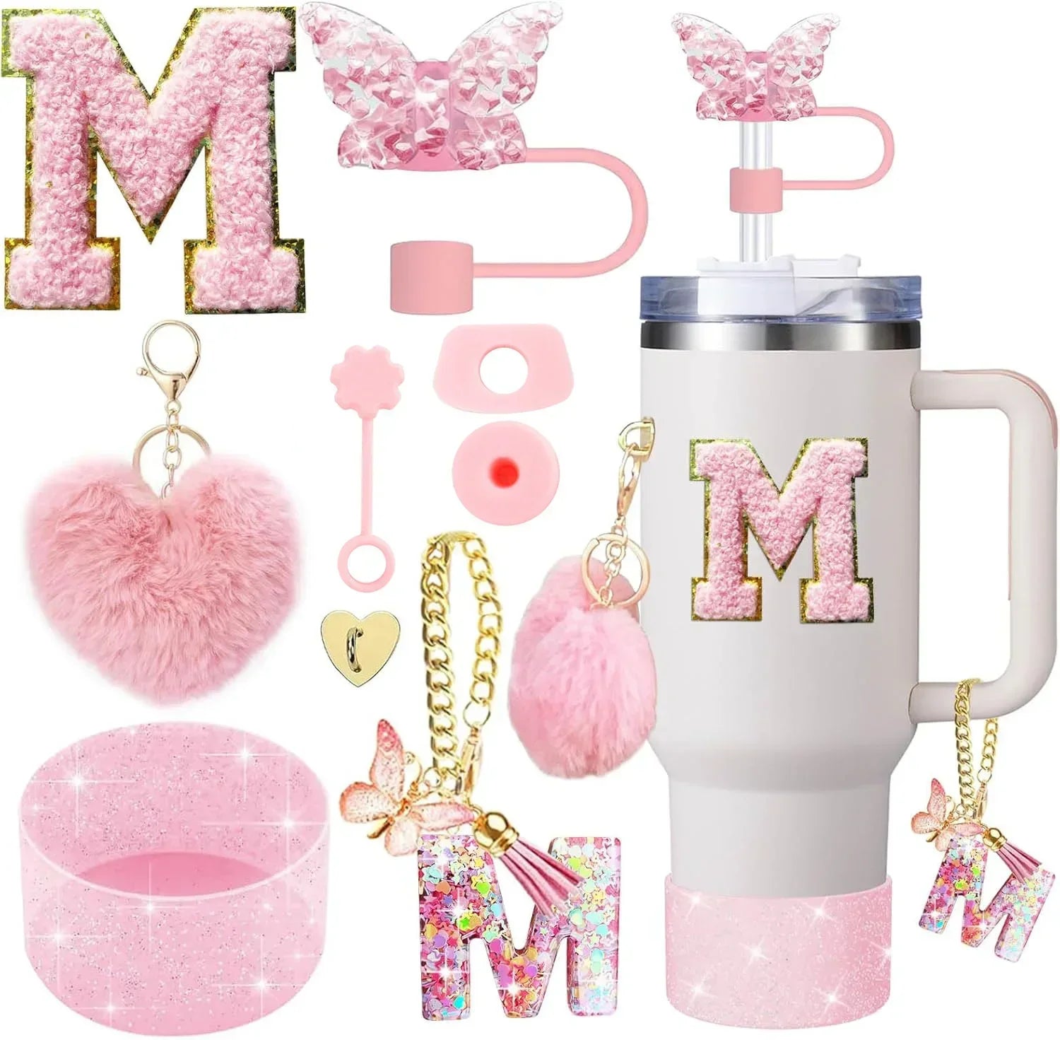 9PCS Accessory Set for Stanley Cup 30oz 40oz Butterfly Straw Cover Cap Silicone Boot Charm Initials Sticker Spill Proof Stopper