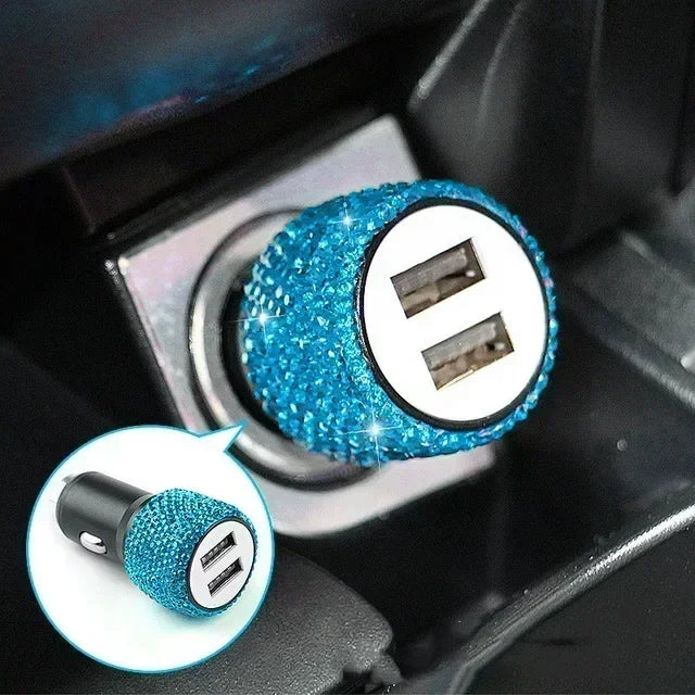 USB Car Charger Pink Crystal Diamond 5V 2.1A Dual Port Fast Charging Adapter 3 in 1 Cable for IPhone Samsung Huawei